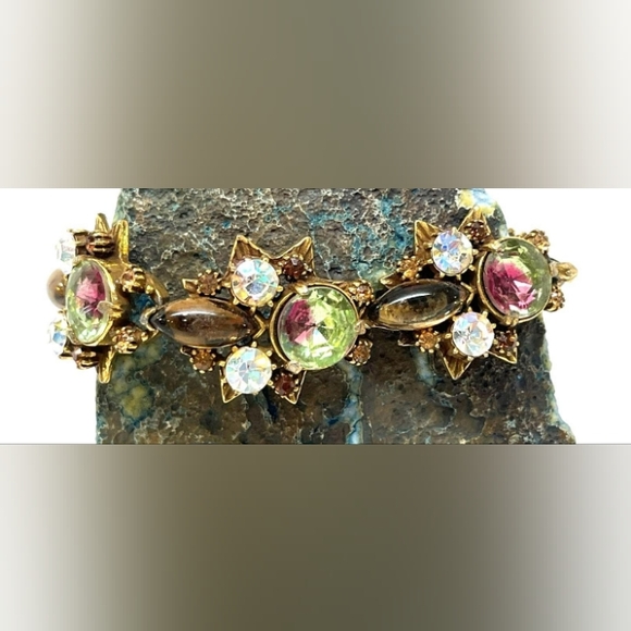 Florenza Watermelon Glass AB Rhinestones Link Signed Vintage 1960's Bracelet - Picture 2 of 16